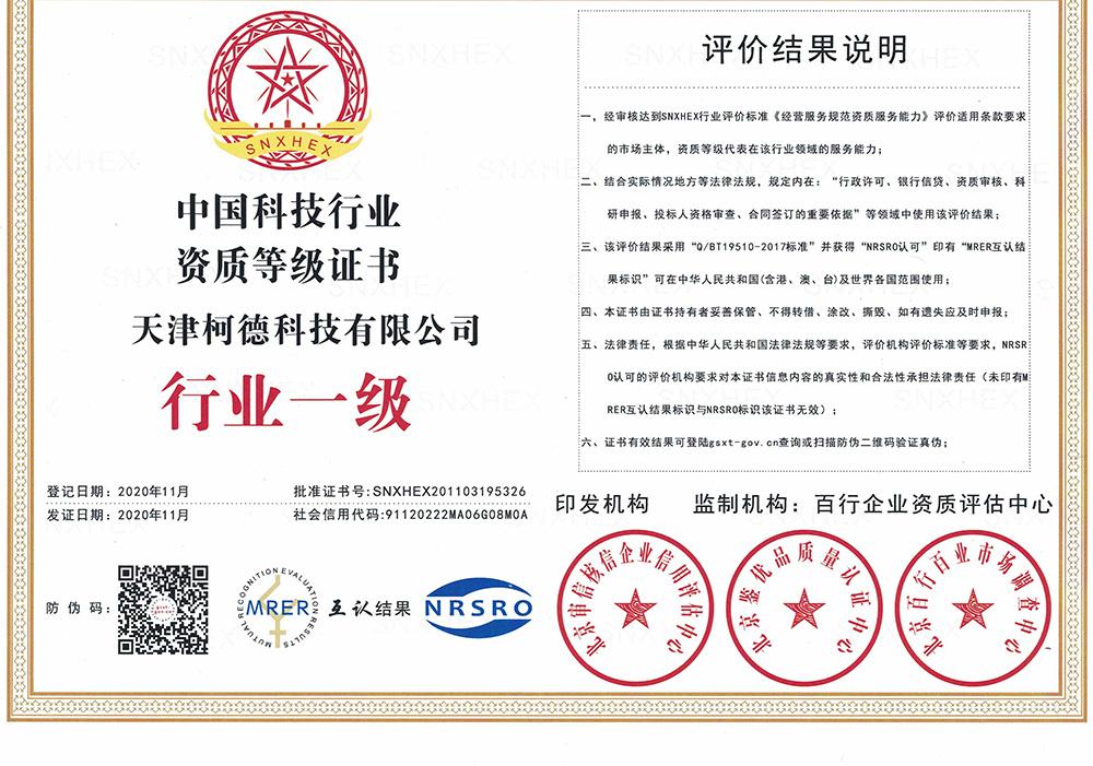 Qualification Grade Certificate for China's Science and Technology Industry